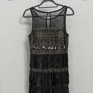 Adrianna Papell Size 8 Black/Silver Beaded, Sequin with Fringe Party Dress